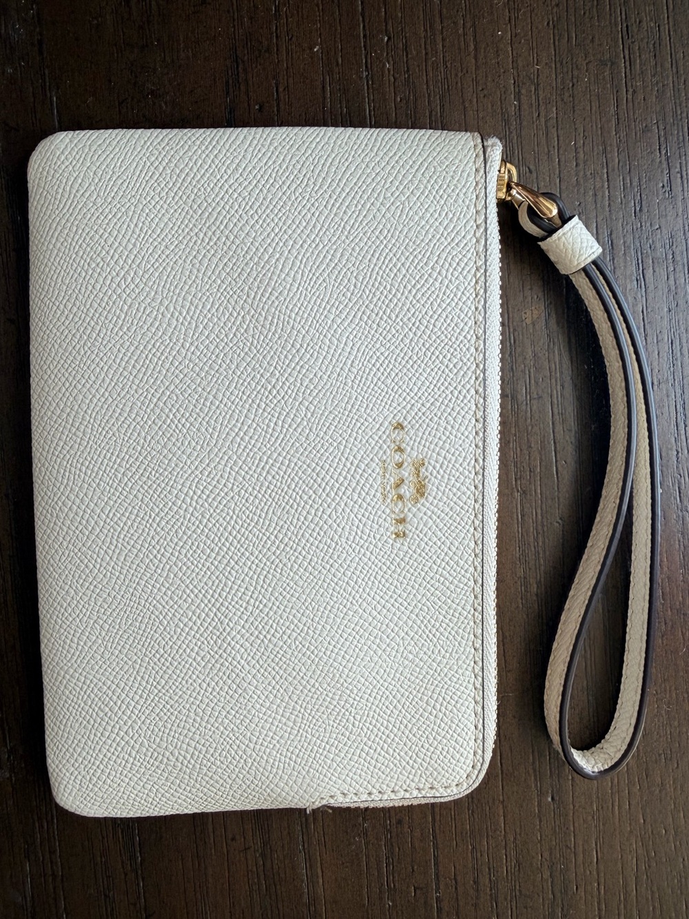 Coach White Leather Zip Wristlet Tablet Case with Gold Logo